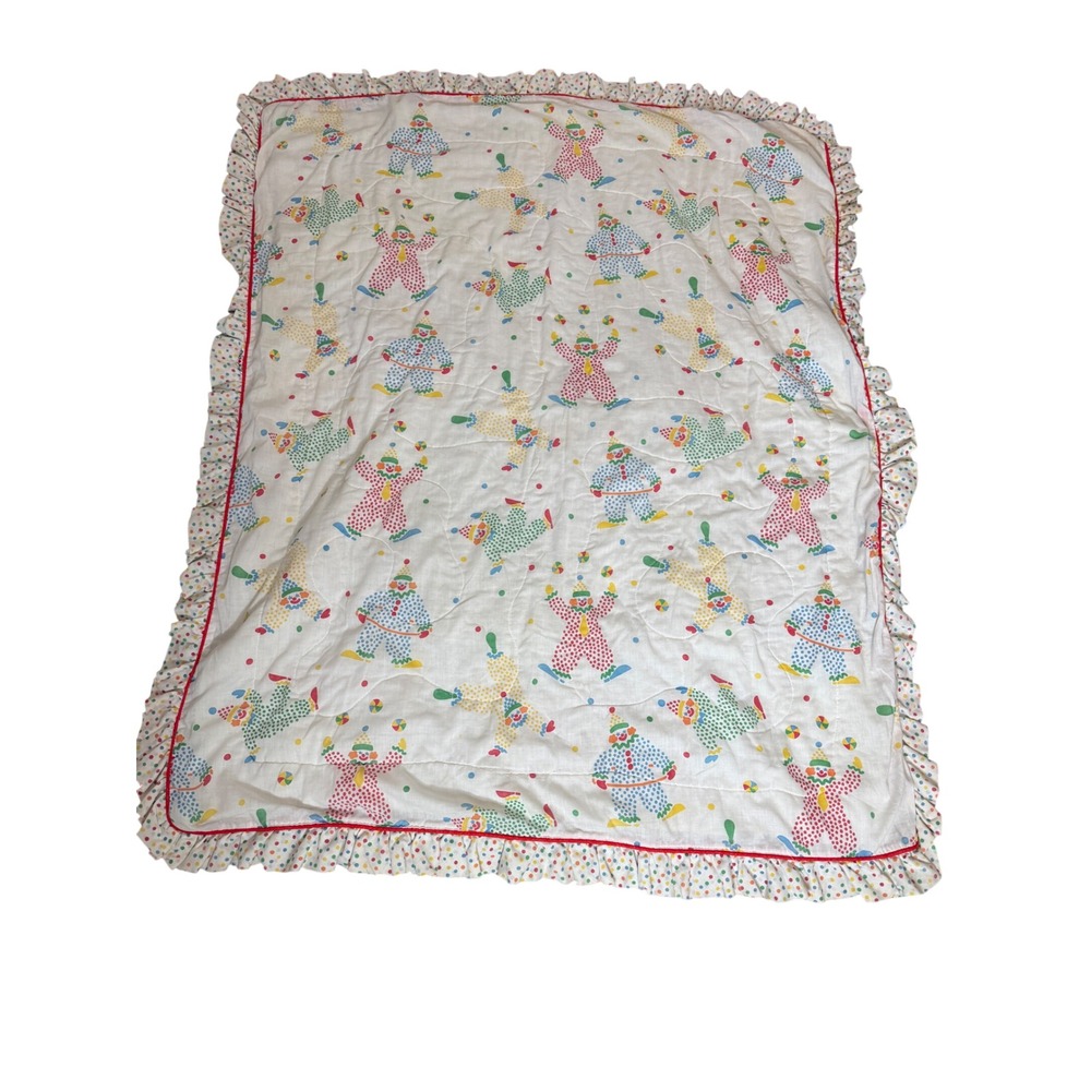 Vintage Clown Polka Dot Ruffled Quilt Blanket Nursery Circus 46x56 80s 90s